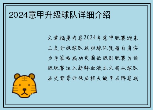 2024意甲升级球队详细介绍
