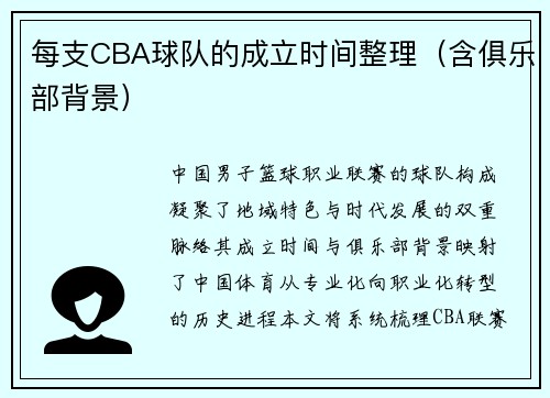 每支CBA球队的成立时间整理（含俱乐部背景）