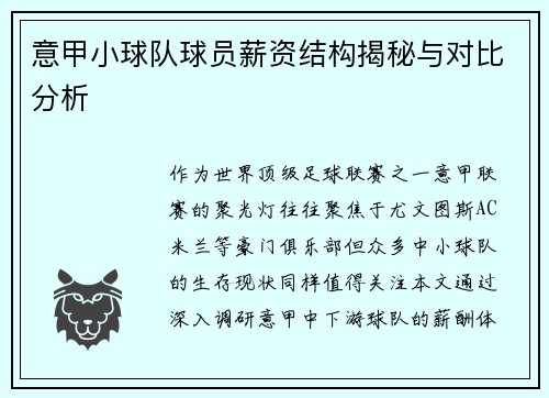 意甲小球队球员薪资结构揭秘与对比分析